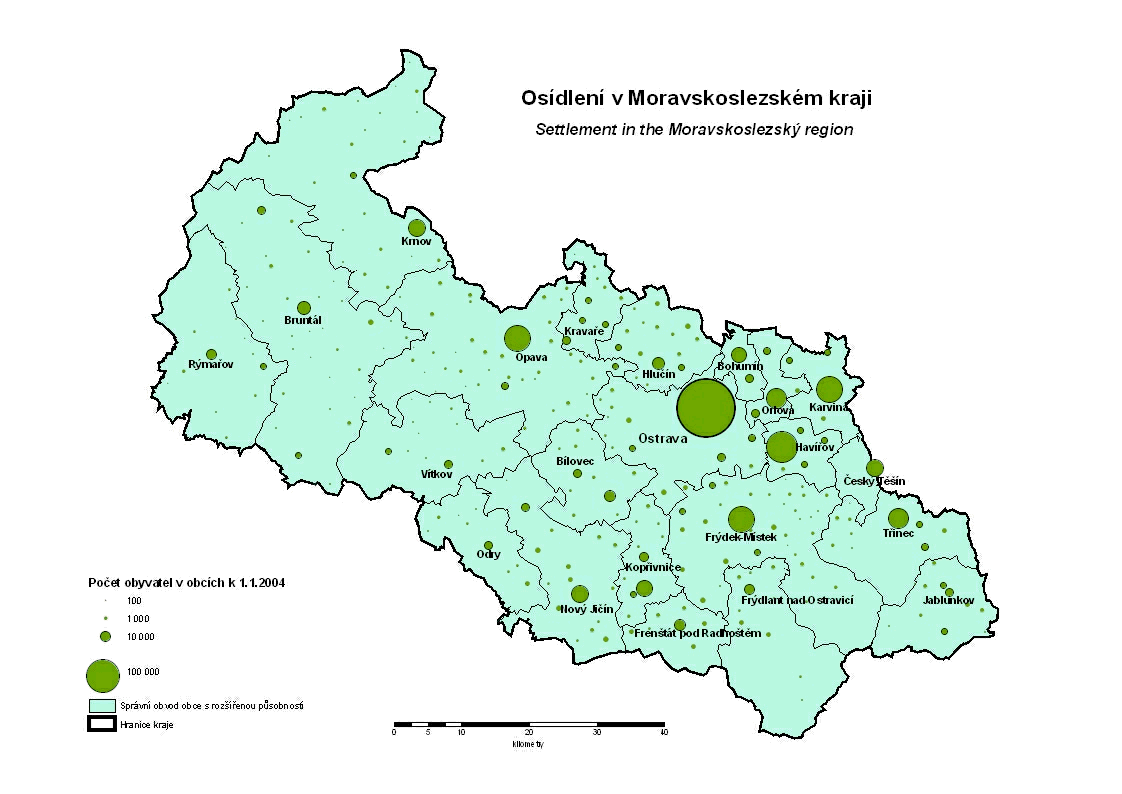 Osídlení moravskoslezského kraje - mapa